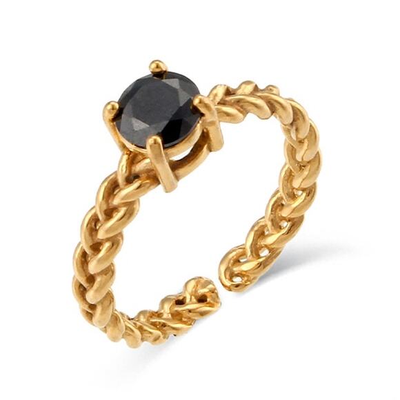 Lemonlimeblue Jewelry - Black Cubic Zirconia Woven‎ Chain Adjustable Ring 18K Gold Plated Stainle…
